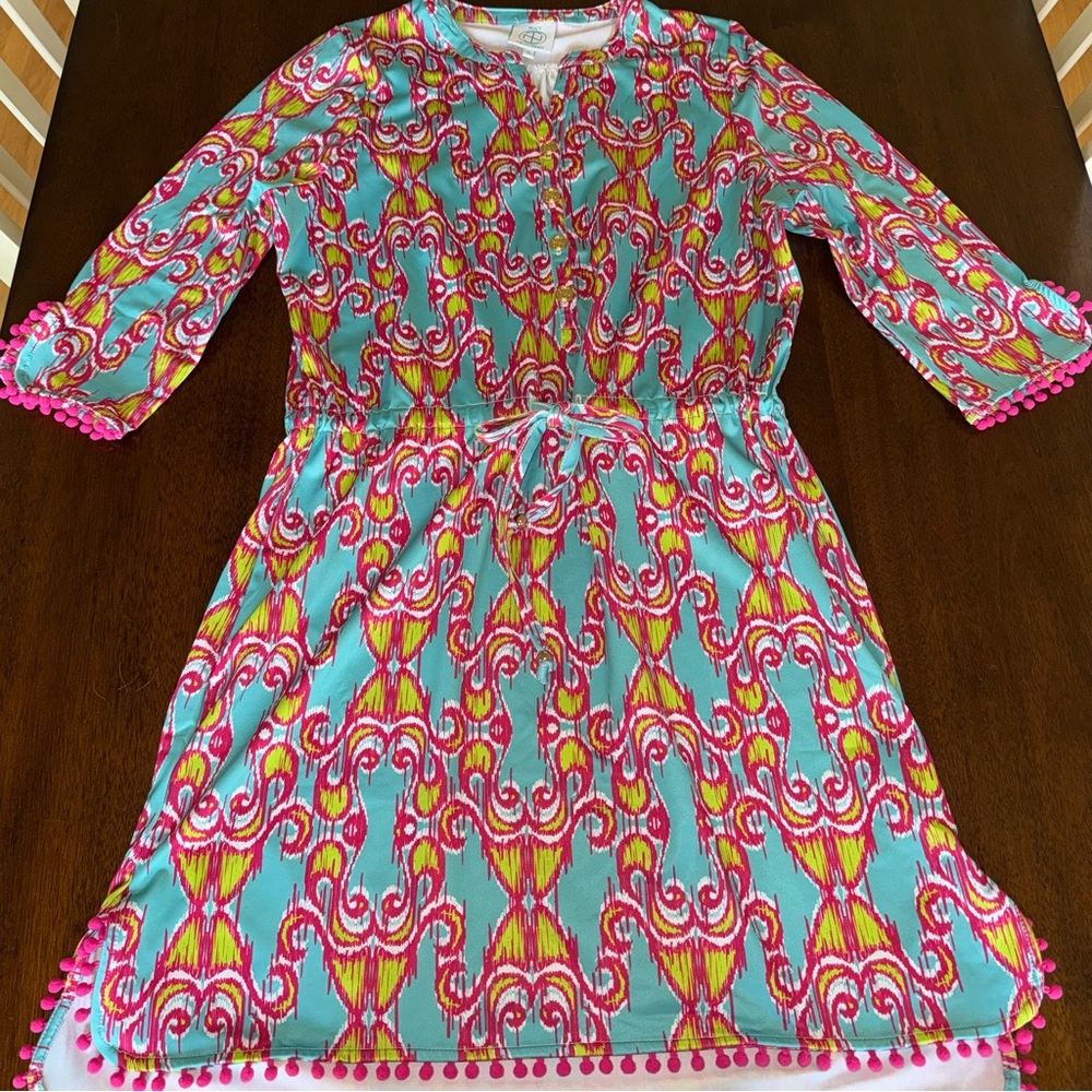 Tracy Negoshian Summer Dress Blue Pink Pom Pom Tassel Fringe Stretch Size Small